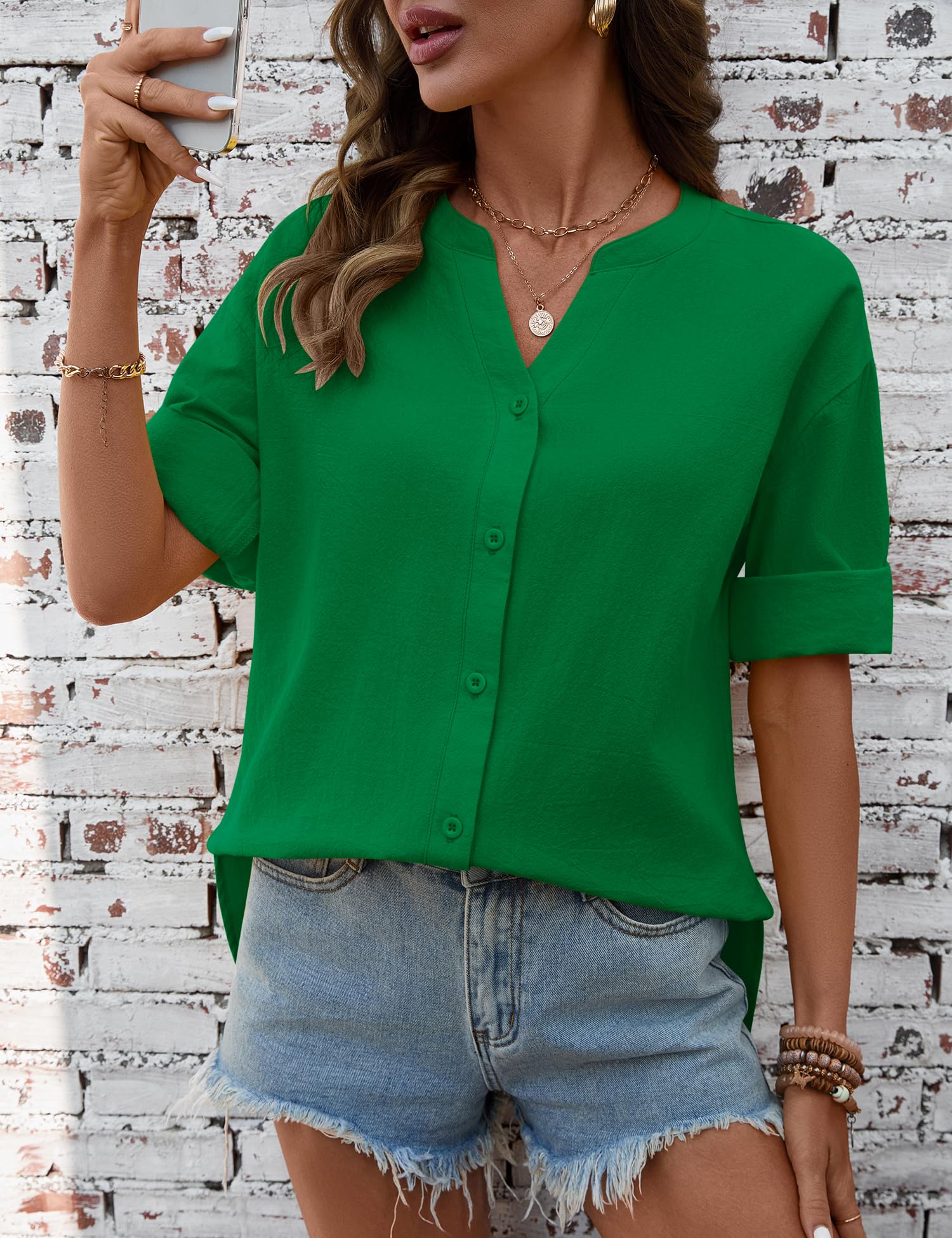 LOMON 3/4 Length Sleeve Womens Tops V Neck 3/4 Sleeve Sides Slit Button Down Shirts Cotton Linen Casual Loose Blouses