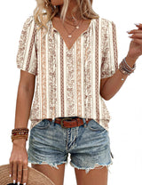 LOMON Boho Tops for Women Summer V-Neck Tie Front Peasant Blouses Casual Puff Sleeve Loose-Fit Flowy Shirts Beach Vacation