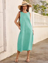 LOMON Summer Dresses for Women Cotton Casual Maxi Dress Beach Vacation Long Sundresses Plaid Striped with Pockets