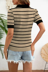 LOMON Womens Puff Short Sleeve Polo Sweater V Neck Knitted Tops Casual Ribbed Shirt Pullover Blouse
