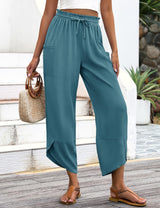 LOMON Women Linen Palazzo Pants Boho Wide Leg Elastic Waisted Casual Capri Pant Summer Harem Lounge with Pockets