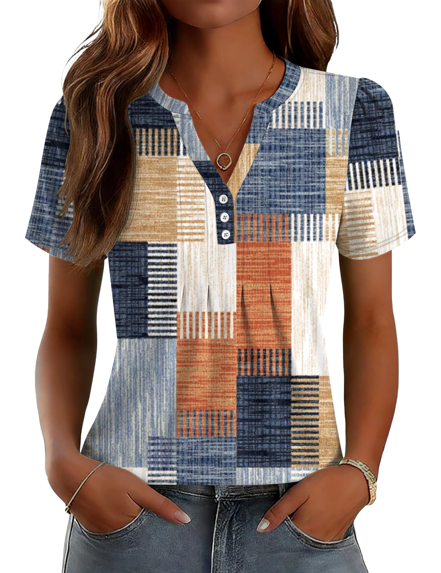 LOMON Womens Tops Dressy Casual V Neck Short Sleeve Shirts Summer Pleated Blouses Button Down Tunic Loose Fit