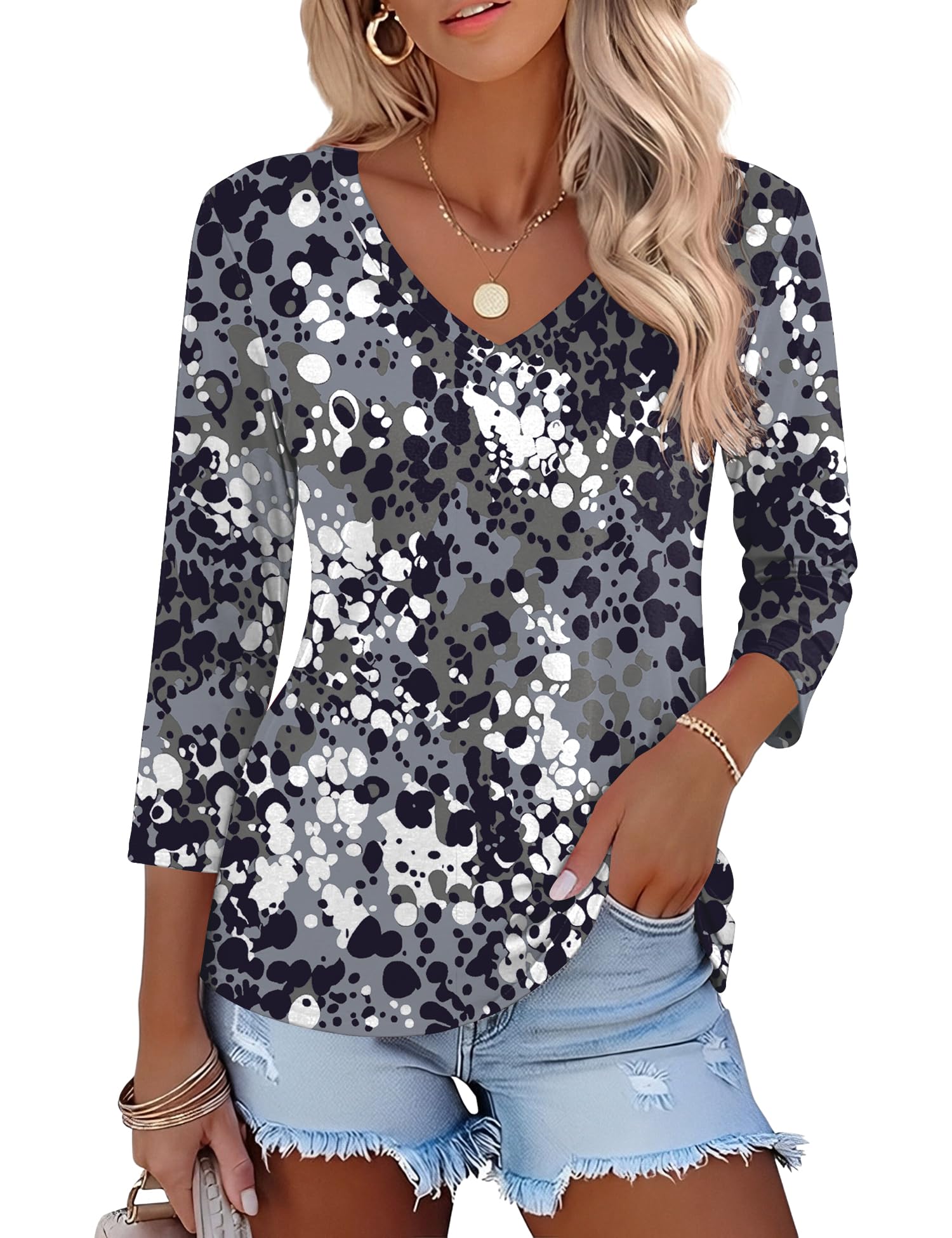 Lomon Women's V Neck T Shirts 3/4 Sleeve Blouse Summer Tops Dressy Casual Basic Tees