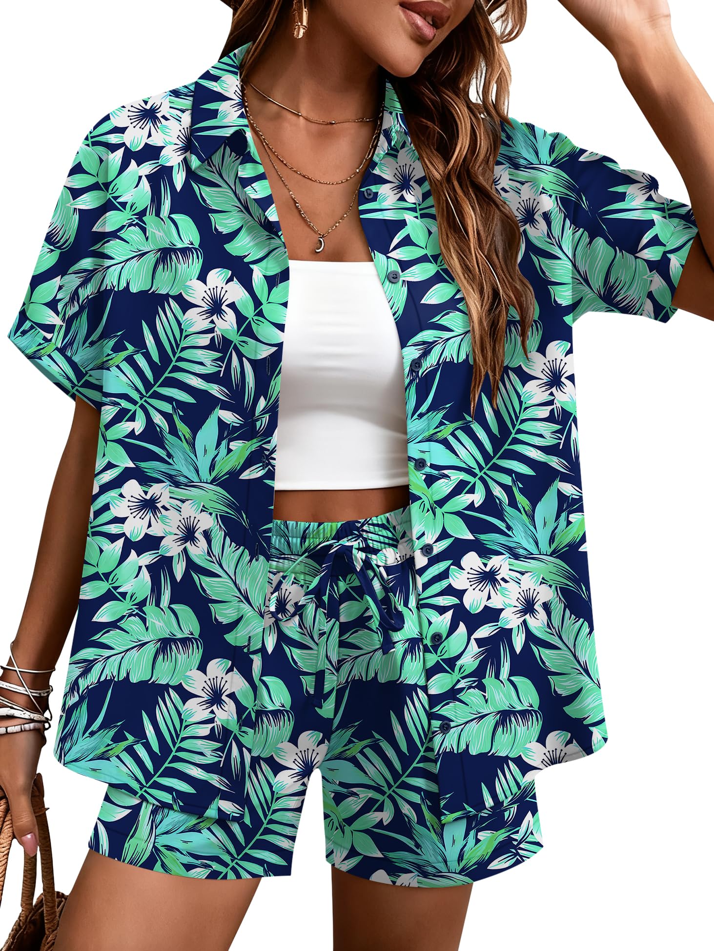 LOMON Women's 2 Piece Hawaiian Vacation Outfits Tropical Print Short Sleeve Shirts and Shorts Beach Sets Resort Wear