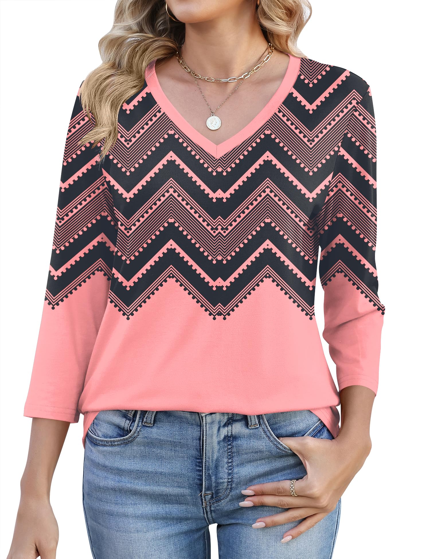 Lomon Women's V Neck T Shirts 3/4 Sleeve Blouse Summer Tops Dressy Casual Basic Tees