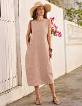 LOMON Summer Dresses for Women Cotton Casual Maxi Dress Beach Vacation Long Sundresses Plaid Striped with Pockets