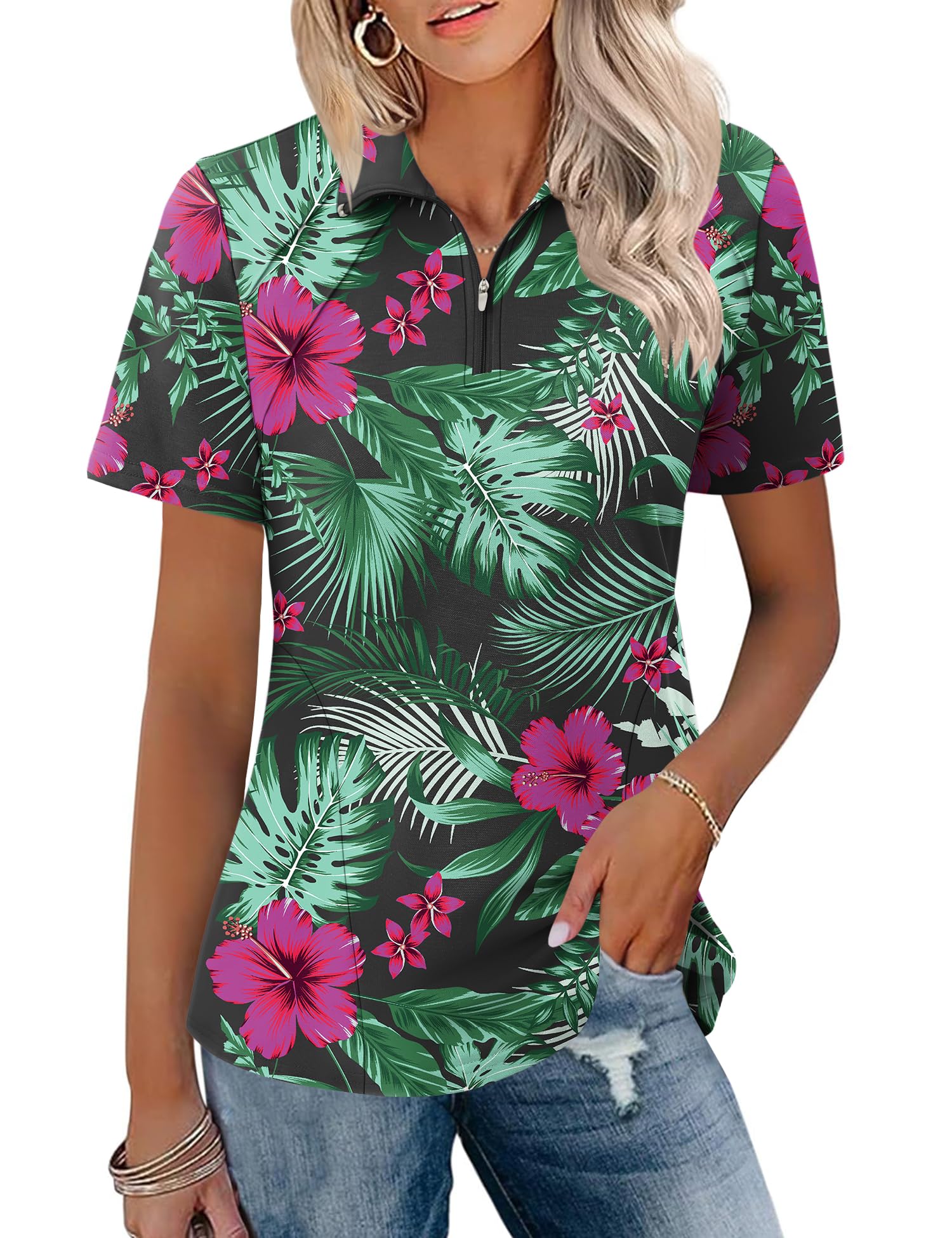 LOMON Womens Golf Polo Shirts Summer Short Sleeve 1/4 Zip Tops Moisture Wicking Casual Tennis Activewear with Pockets
