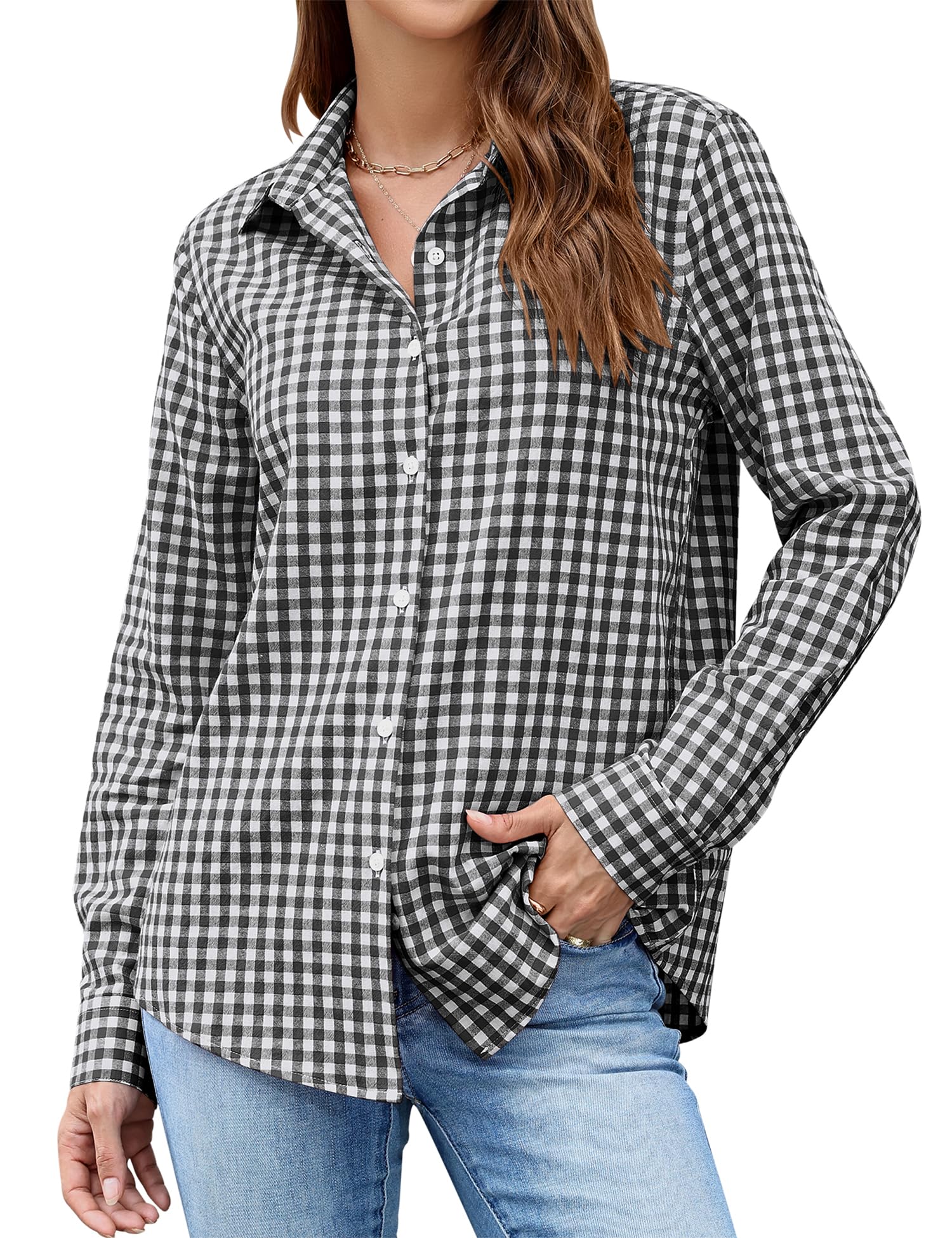 LOMON Button Down Shirt for Women Spring Summer Tops Long Sleeve Business Dressy Casual Blouses Collared Work Outfits Clothes