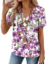 LOMON Boho Tops for Women Summer V-Neck Tie Front Peasant Blouses Casual Puff Sleeve Loose-Fit Flowy Shirts Beach Vacation
