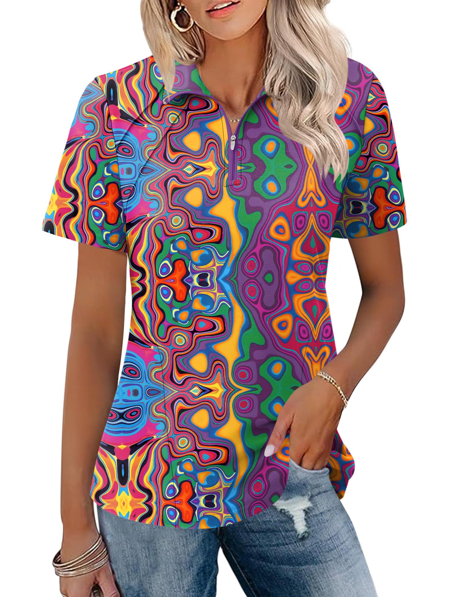 LOMON Womens Golf Polo Shirts Summer Short Sleeve 1/4 Zip Tops Moisture Wicking Casual Tennis Activewear with Pockets