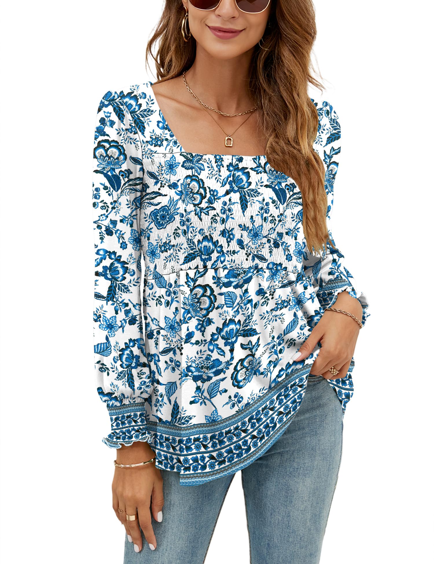 LOMON Blouses for Women Puff Long Sleeve Shirts Square Neck Casual Smocked Tunic Tops 2024 Spring Fall Winter Clothes S-XL