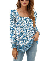 LOMON Blouses for Women Puff Long Sleeve Shirts Square Neck Casual Smocked Tunic Tops 2024 Spring Fall Winter Clothes S-XL