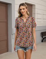 LOMON Womens Tops Dressy Casual V Neck Short Sleeve Shirts Summer Pleated Blouses Button Down Tunic Loose Fit