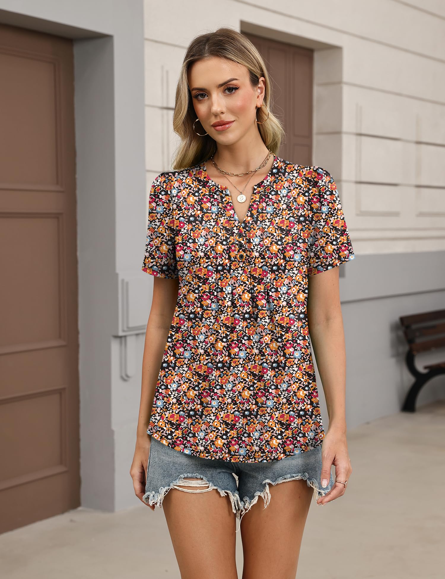 LOMON Womens Tops Dressy Casual V Neck Short Sleeve Shirts Summer Pleated Blouses Button Down Tunic Loose Fit