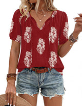 LOMON Boho Tops for Women Summer V-Neck Tie Front Peasant Blouses Casual Puff Sleeve Loose-Fit Flowy Shirts Beach Vacation