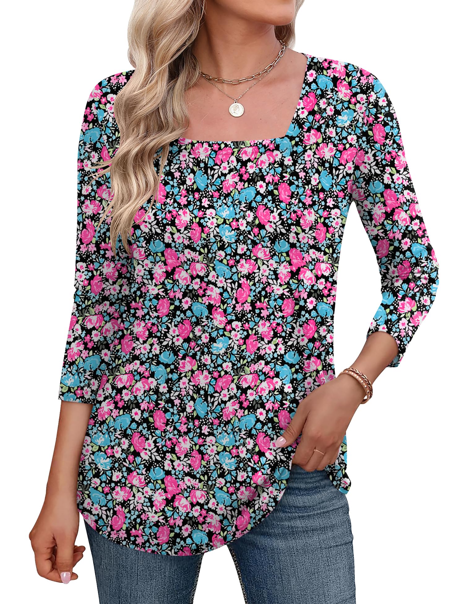 LOMON Women's 3/4 Sleeve Shirts Square Neck Summer Tops Dressy Casual Basic Tees Ladies T Shirts Blouses
