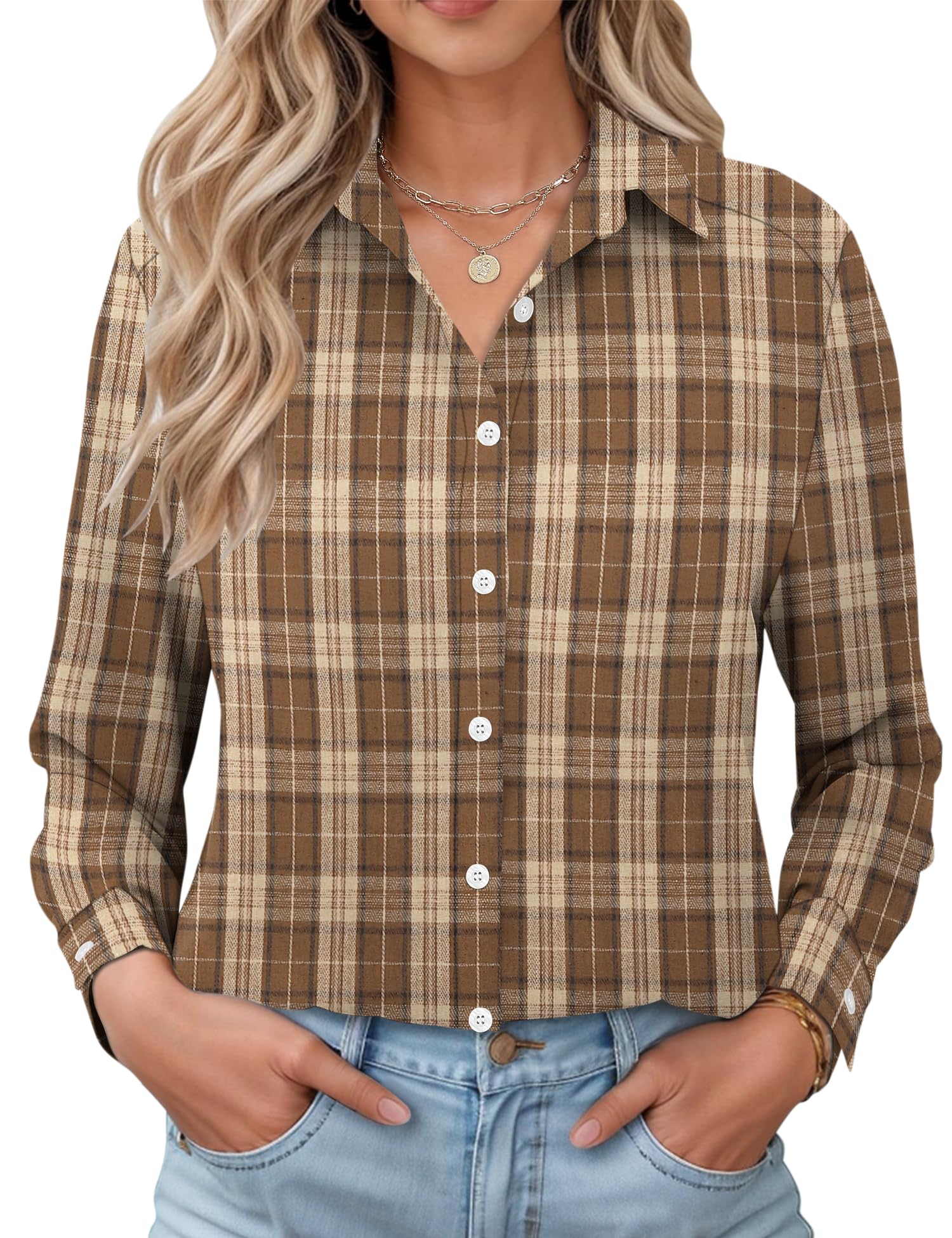 LOMON Womens Long Sleeve Button Down Shirts Casual Loose Fit Cotton Collared Blouses