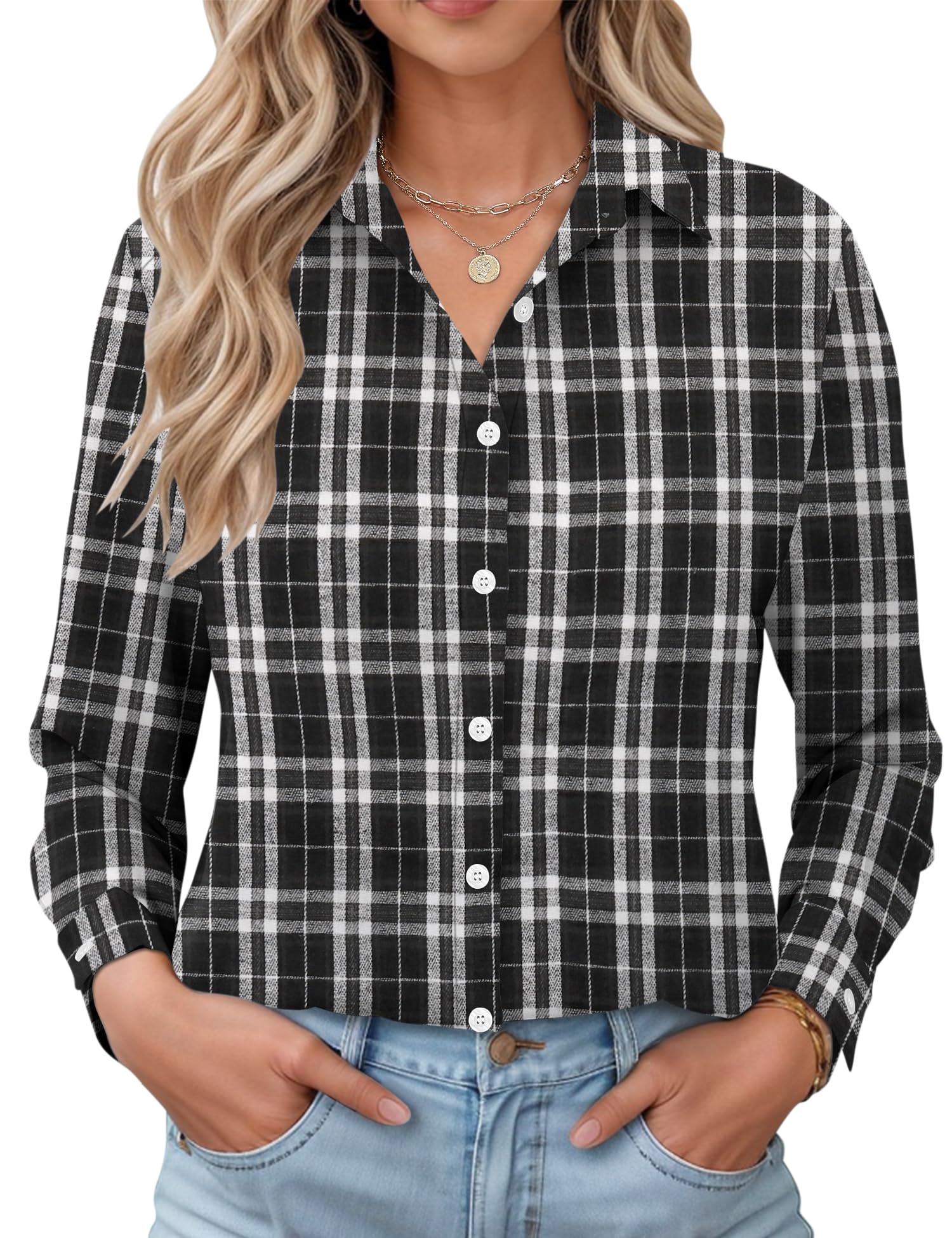 LOMON Womens Long Sleeve Button Down Shirts Casual Loose Fit Cotton Collared Blouses