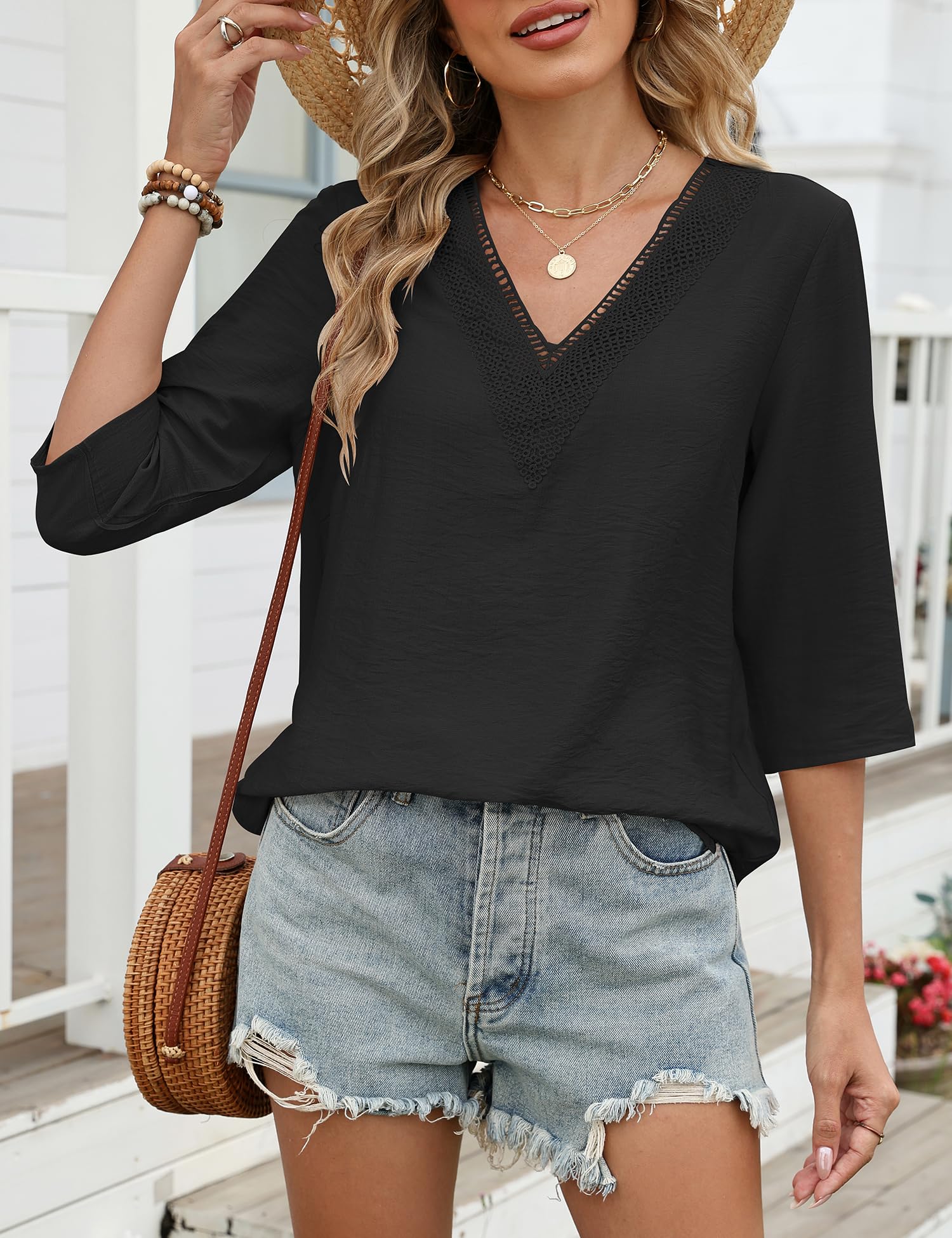 LOMON Women's 3/4 Length Sleeve Boho Tops V Neck Lace Summer Outfits Dressy Casual Flowy Shirts Vacation Clothes Blouses
