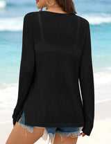 LOMON Beach Cover Up for Women Letter Print Long Sleeve Sweater Crochet Tops Shirts Casual Crewneck Split Hem Pullover