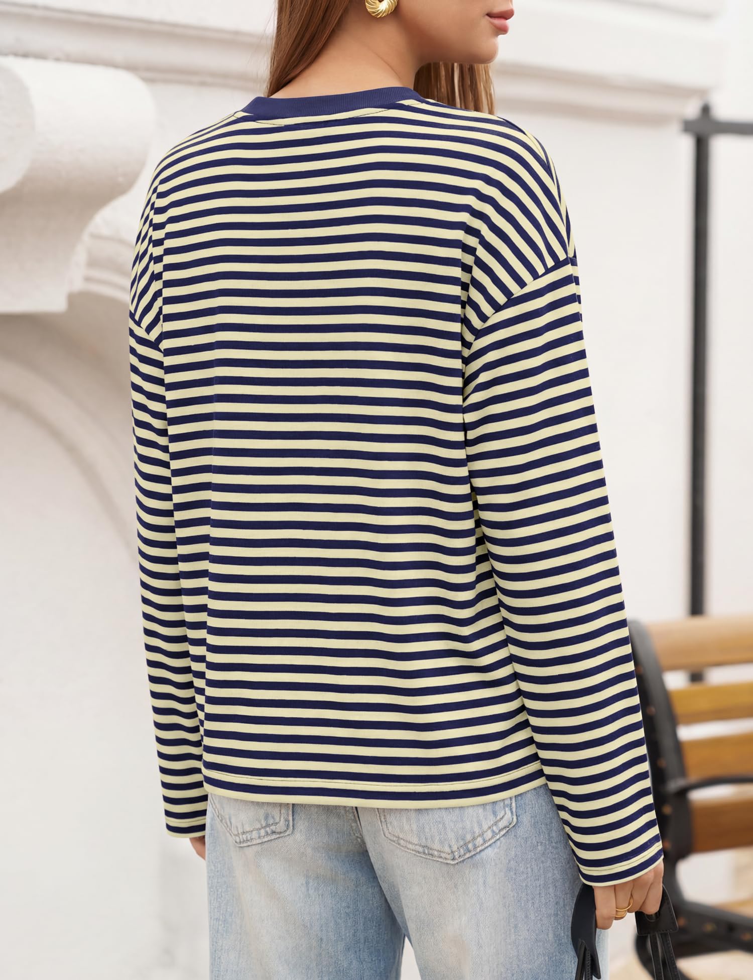 LOMON Striped Long Sleeve Shirt Women Y2k Oversized Crewneck Fall Spring Drop Shoulder Vintage Tops Teen Girl Clothes