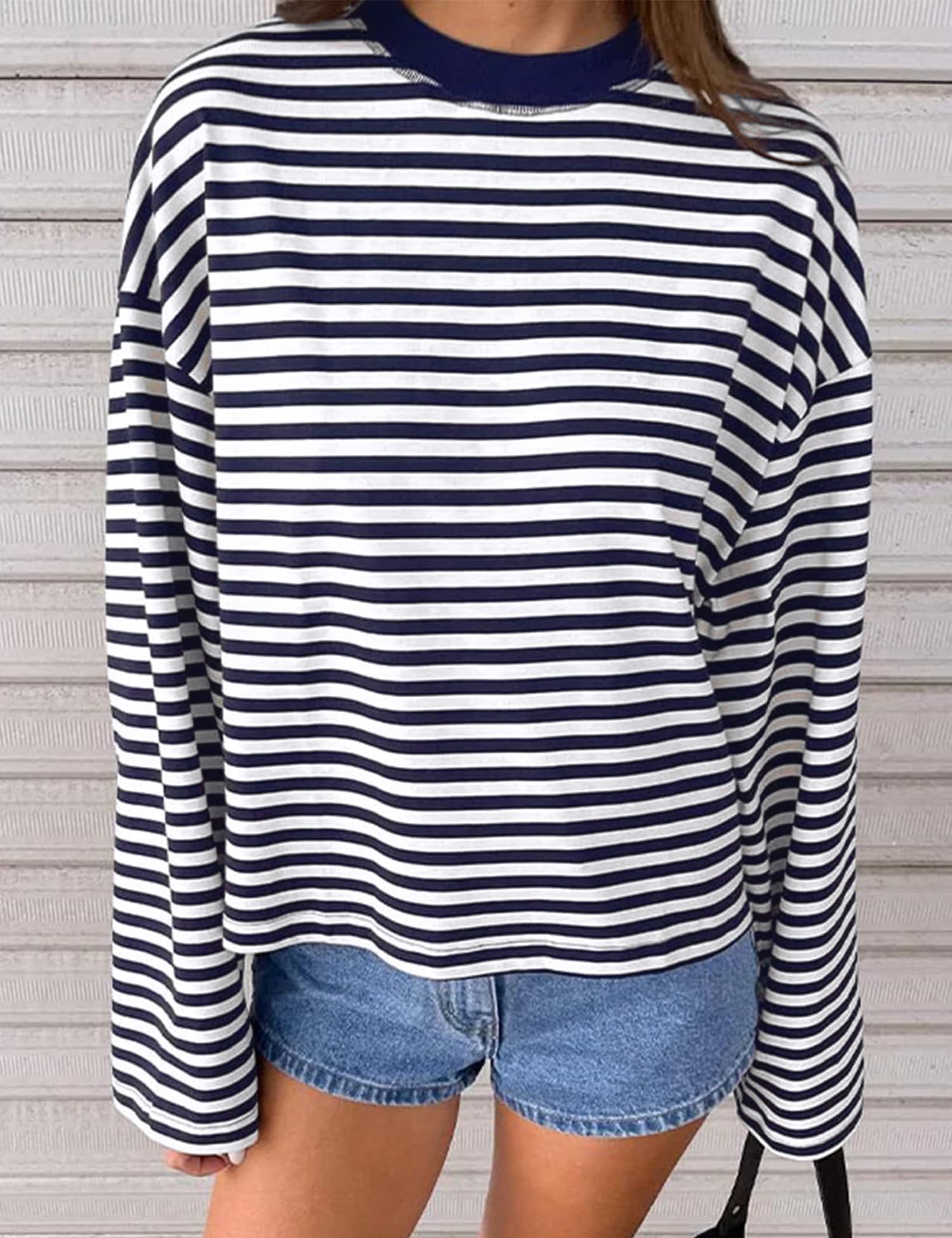 LOMON Striped Long Sleeve Shirt Women Y2k Oversized Crewneck Fall Spring Drop Shoulder Vintage Tops Teen Girl Clothes