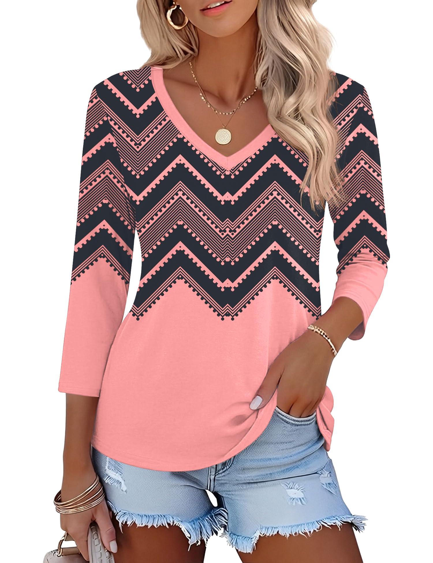 Lomon Women's V Neck T Shirts 3/4 Sleeve Blouse Summer Tops Dressy Casual Basic Tees
