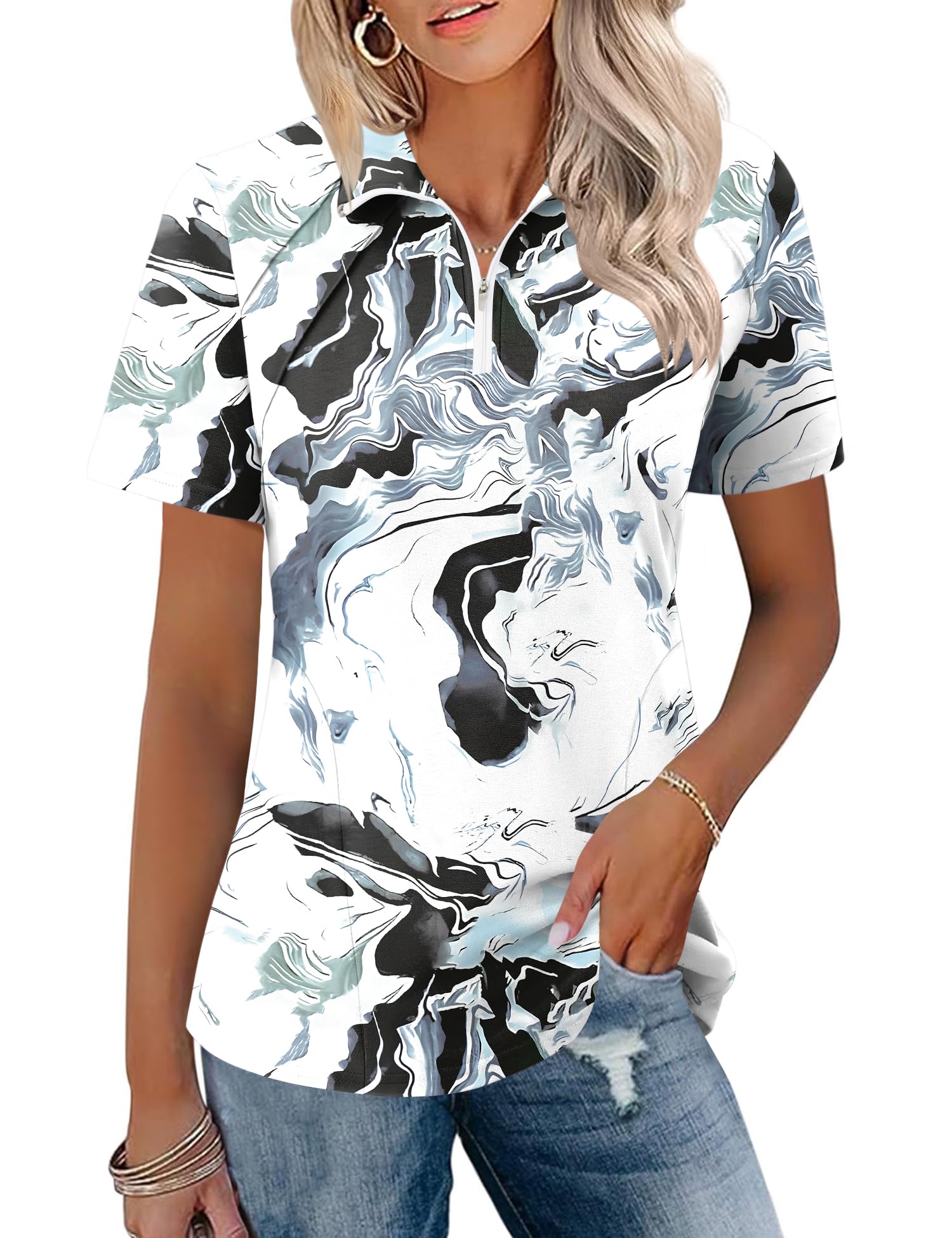 LOMON Womens Golf Polo Shirts Summer Short Sleeve 1/4 Zip Tops Moisture Wicking Casual Tennis Activewear with Pockets