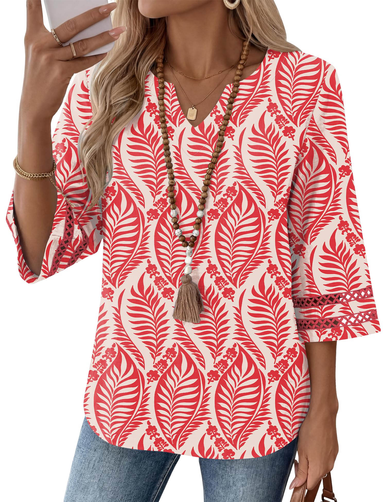 LOMON Womens 3/4 Sleeve V Neck Bohemian Blouses Casual Loose Fit Tunic Tops Vacation Clothes