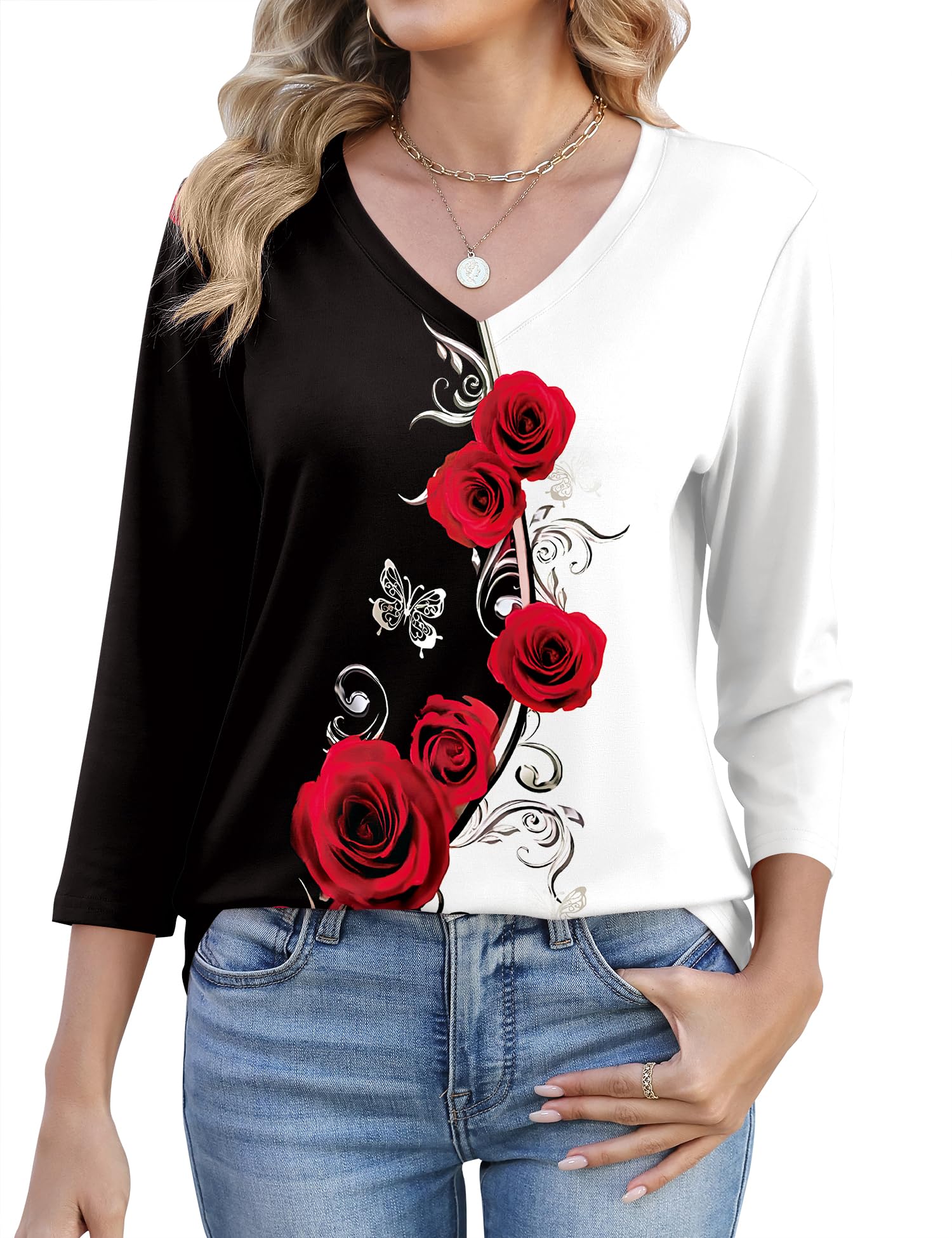 Lomon Women's V Neck T Shirts 3/4 Sleeve Blouse Summer Tops Dressy Casual Basic Tees
