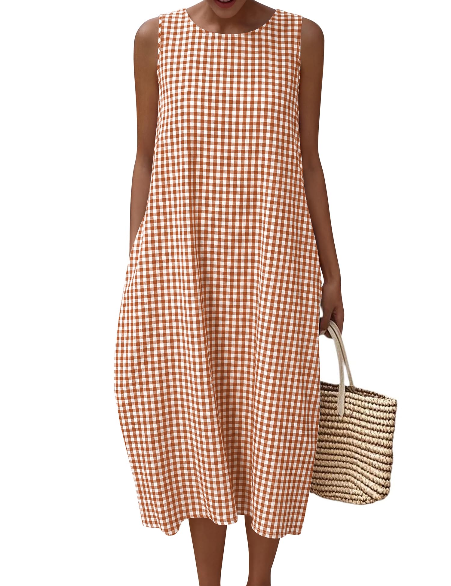 LOMON Summer Dresses for Women Cotton Casual Maxi Dress Beach Vacation Long Sundresses Plaid Striped with Pockets