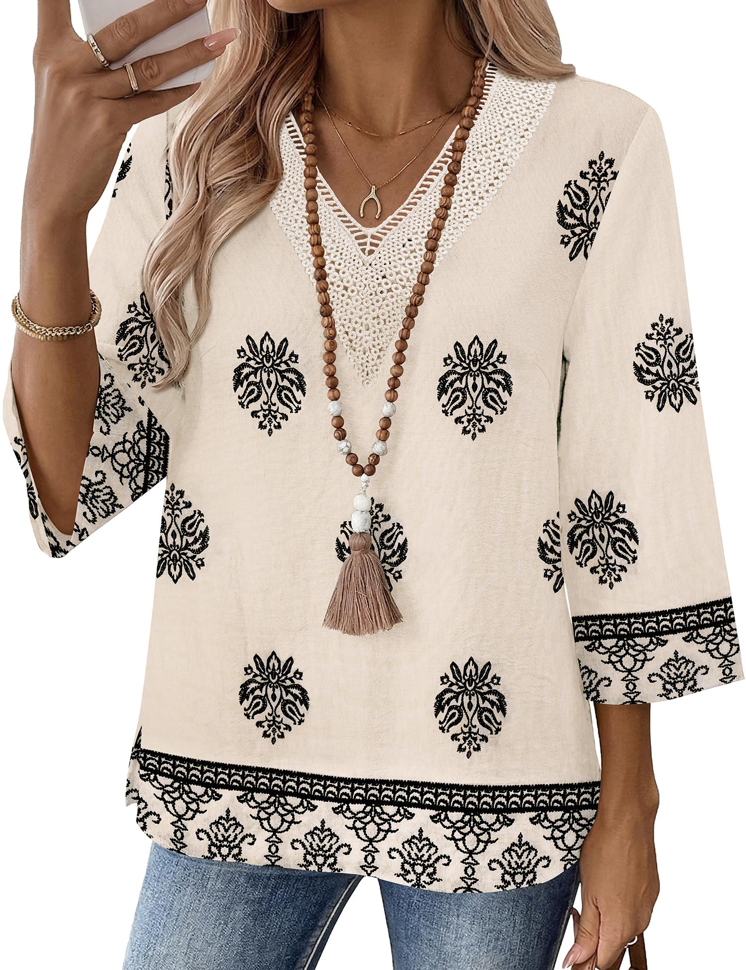 LOMON Women's 3/4 Length Sleeve Boho Tops V Neck Lace Summer Outfits Dressy Casual Flowy Shirts Vacation Clothes Blouses
