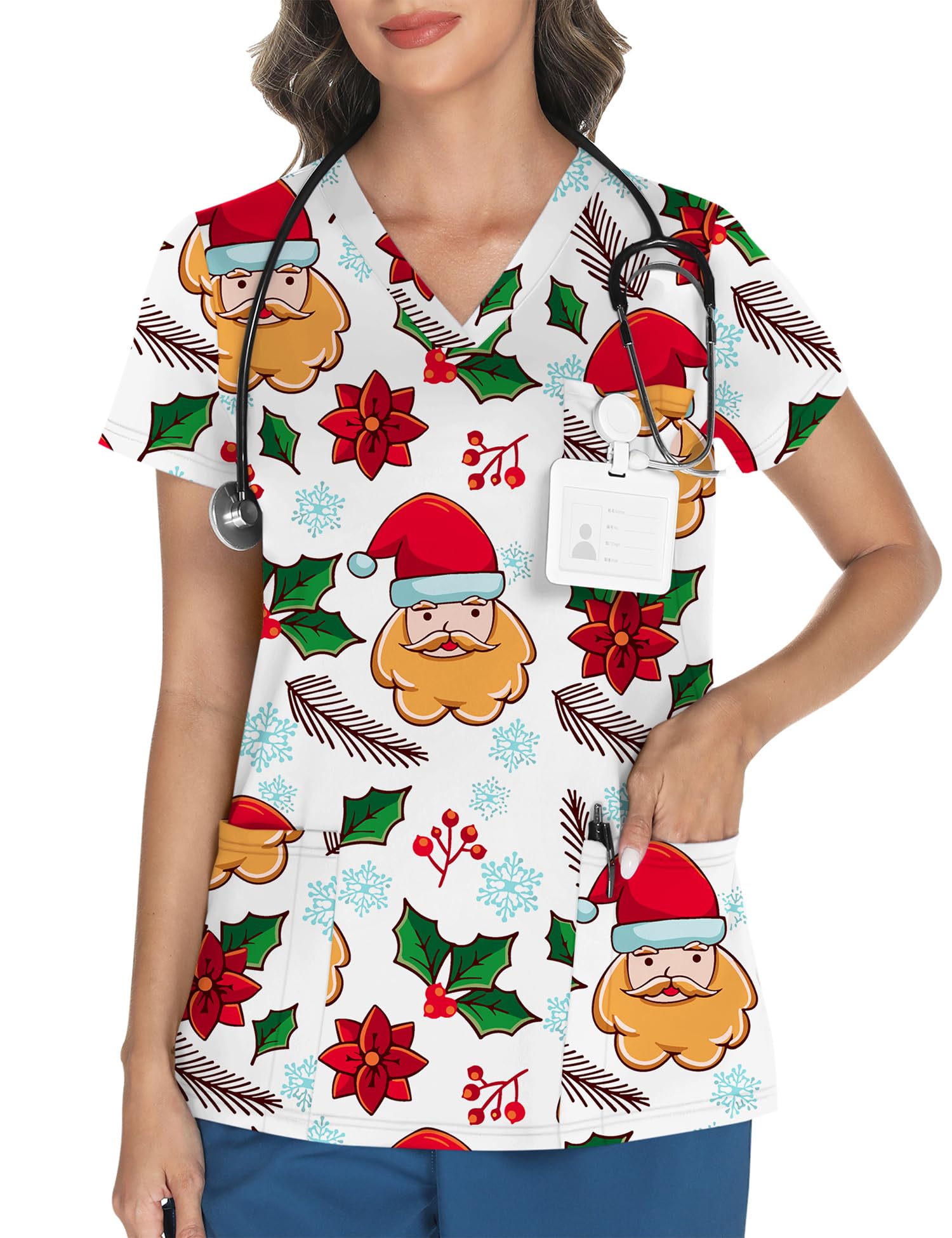 LOMON Women's V Neck Printed Scrub Top with 3 Pockets