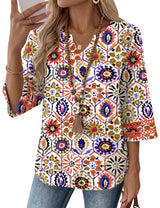 LOMON Womens 3/4 Sleeve V Neck Bohemian Blouses Casual Loose Fit Tunic Tops Vacation Clothes