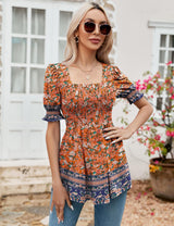 LOMON Women's Tunics Square Neck Puff Short Sleeve Smocked Top Ladies Peplum Blouse Tee Shirts 2025 Spring Summer S-XL