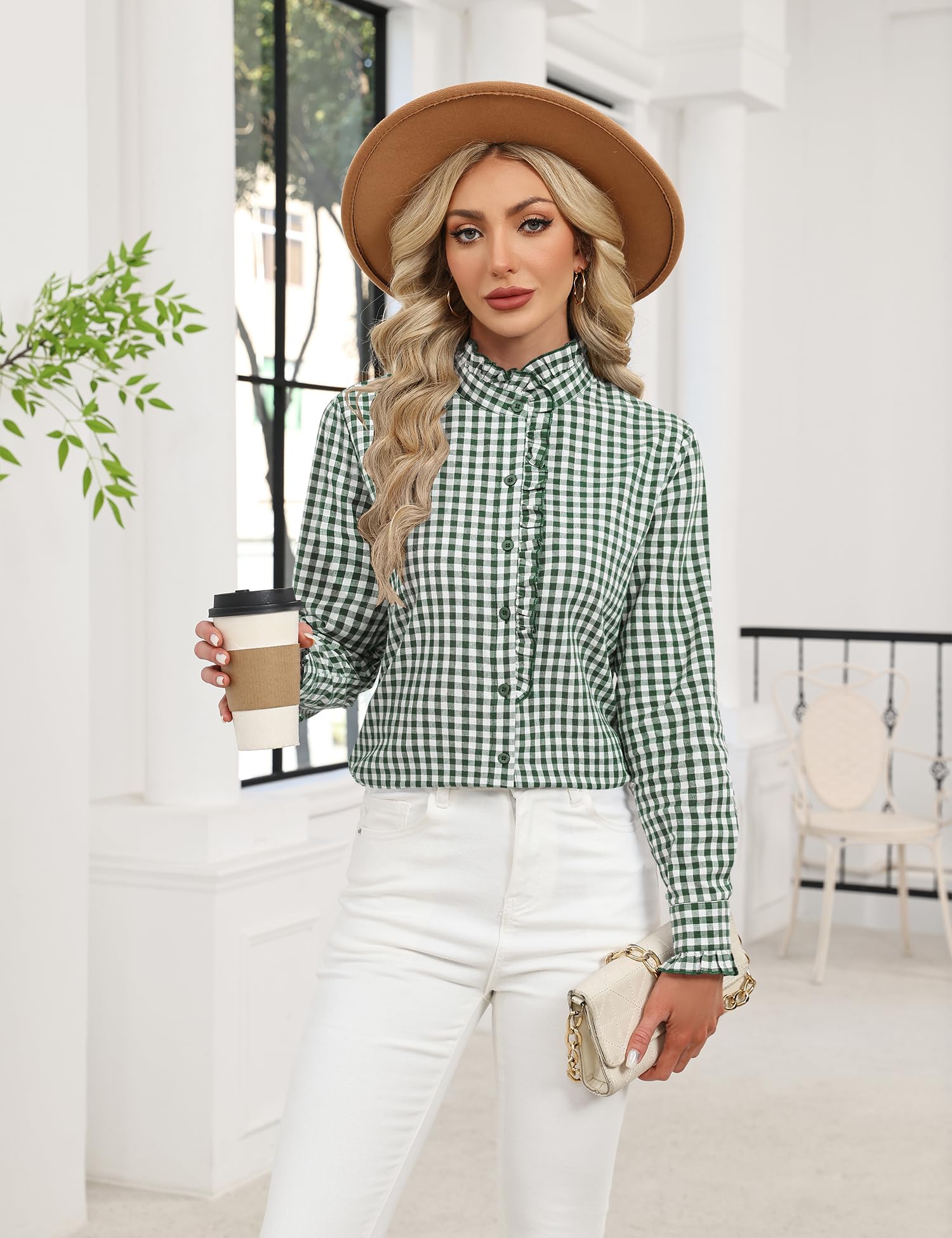 LOMON Button Down Shirts for Women Dressy Casual Long Sleeve Ruffle Blouses Office Tops Work Shirt