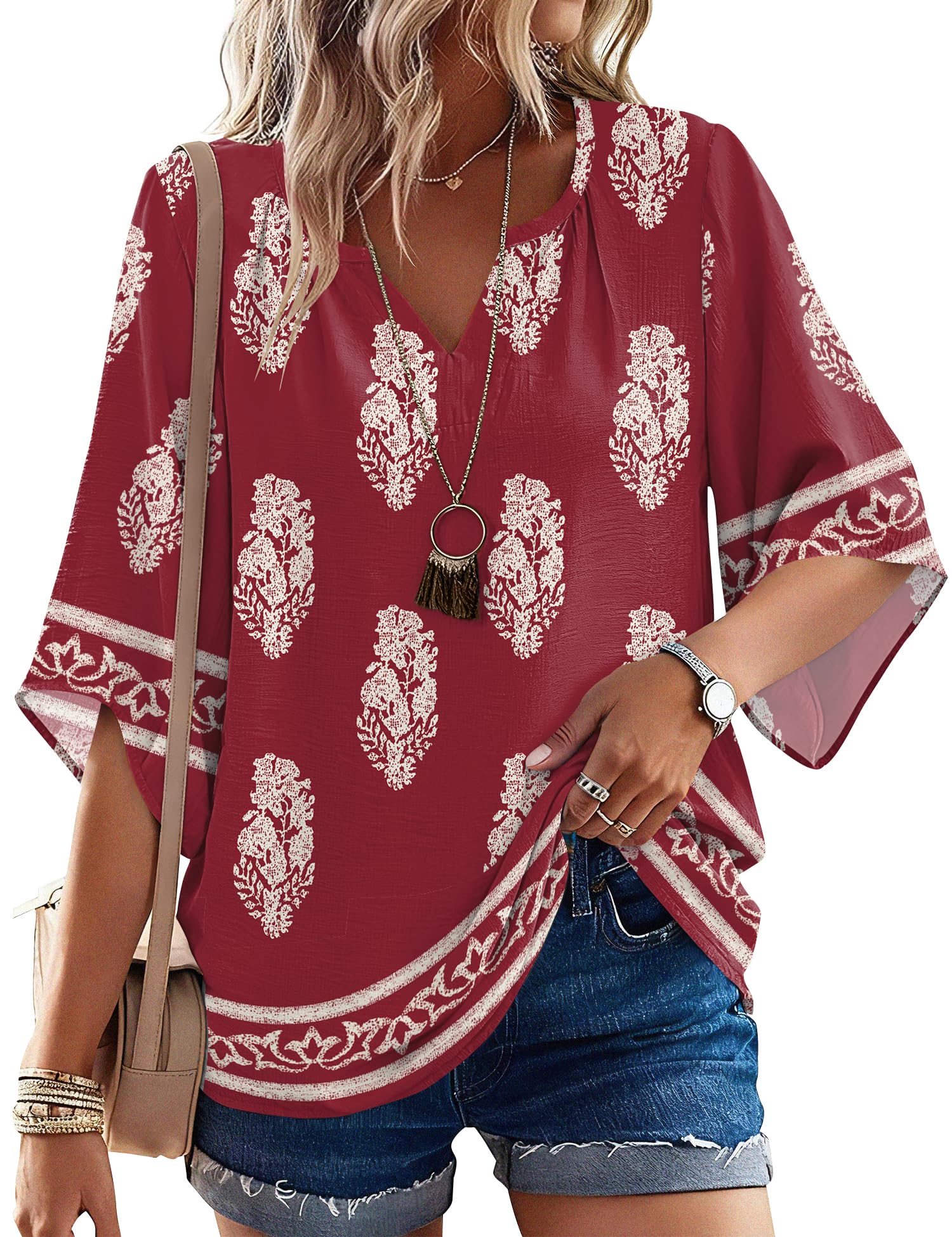 LOMON Women's 3/4 Length Sleeve Boho Tops V Neck Casual Vacation Clothes Loose Fit Tunic Shirts S-3XL