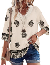 LOMON Women's 3/4 Length Sleeve Boho Tops V Neck Lace Summer Outfits Dressy Casual Flowy Shirts Vacation Clothes Blouses