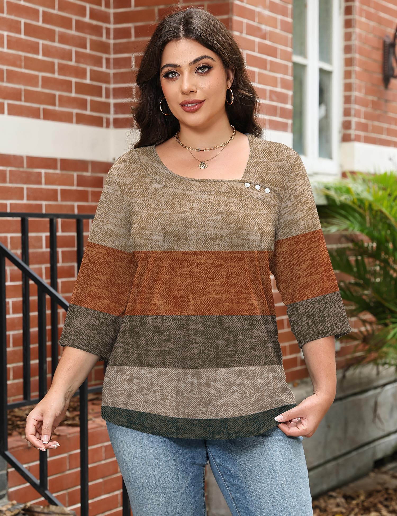 LOMON Womens Plus Size Tops 3/4 Length Sleeve T Shirts Asymmetrical Neck Blouses for Women Fashion 2026