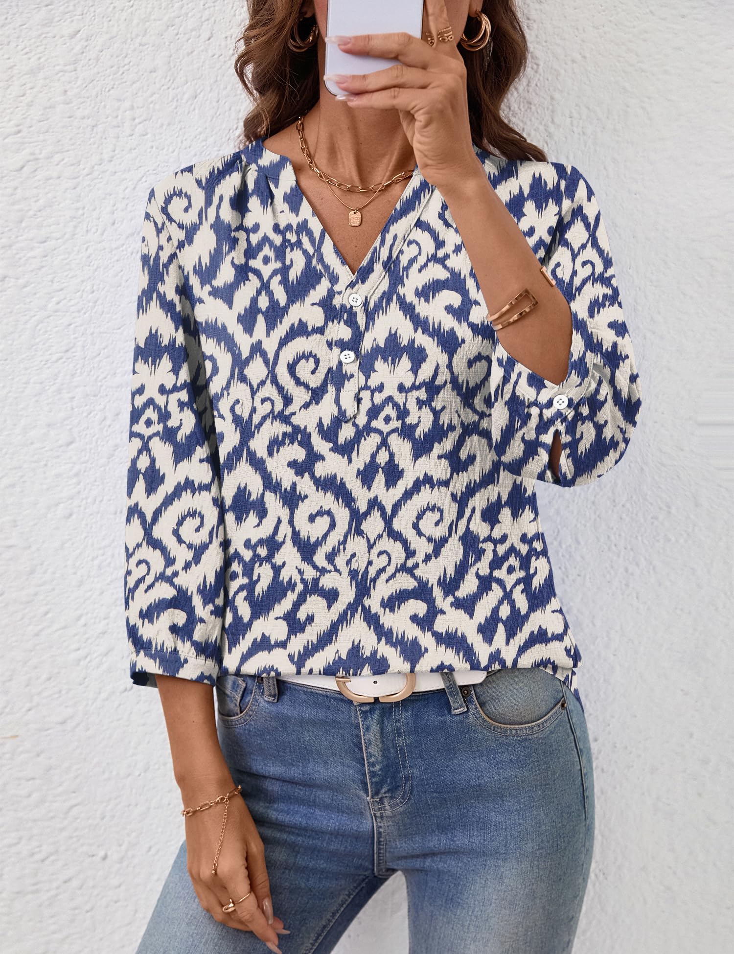LOMON Womens Tops Dressy Summer 3/4 Length Sleeve Henley V Neck Button Down Shirts Pleated Blouses S-XXL