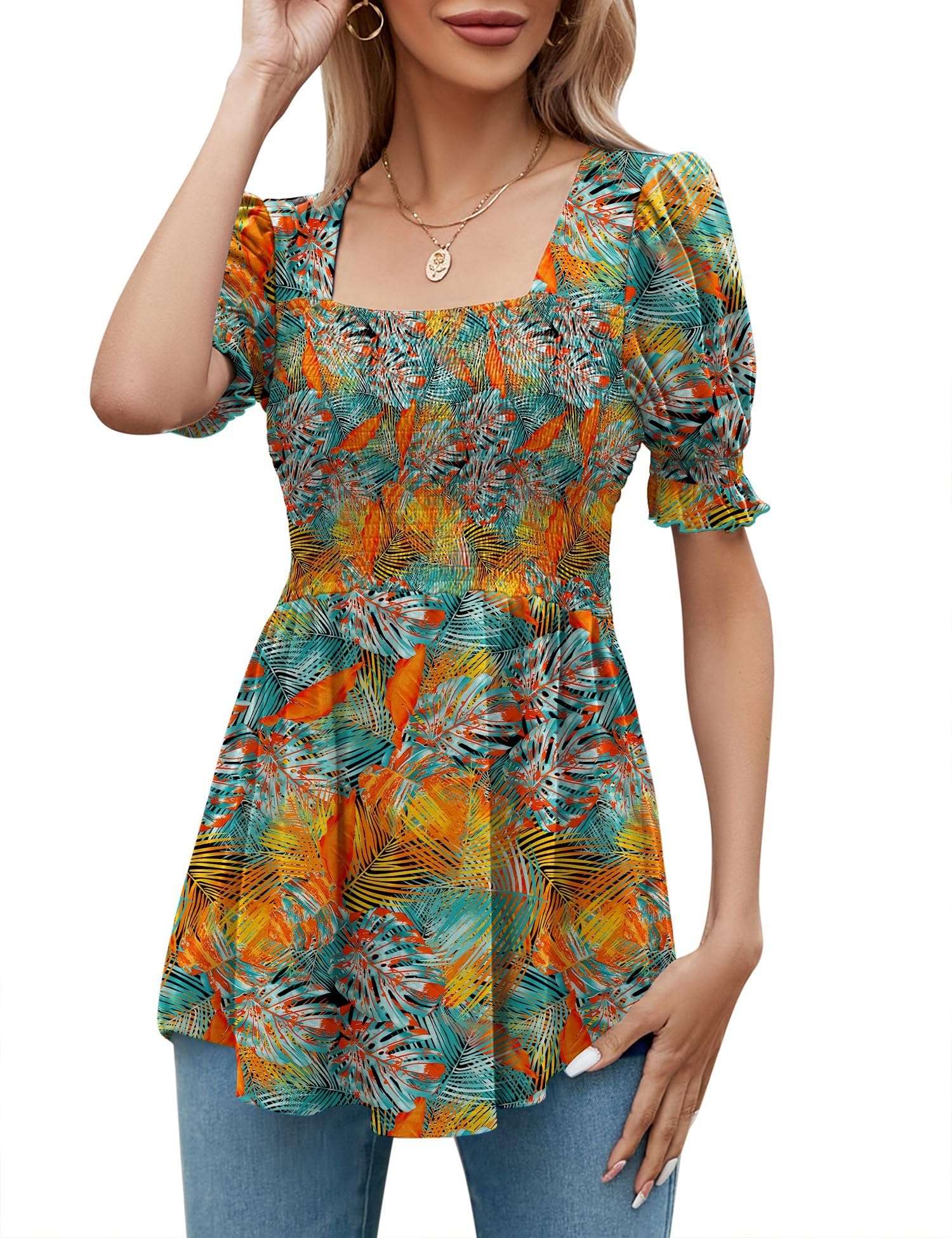 LOMON Women's Tunics Square Neck Puff Short Sleeve Smocked Top Ladies Peplum Blouse Tee Shirts 2025 Spring Summer S-XL