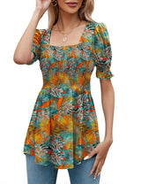 LOMON Women's Tunics Square Neck Puff Short Sleeve Smocked Top Ladies Peplum Blouse Tee Shirts 2025 Spring Summer S-XL
