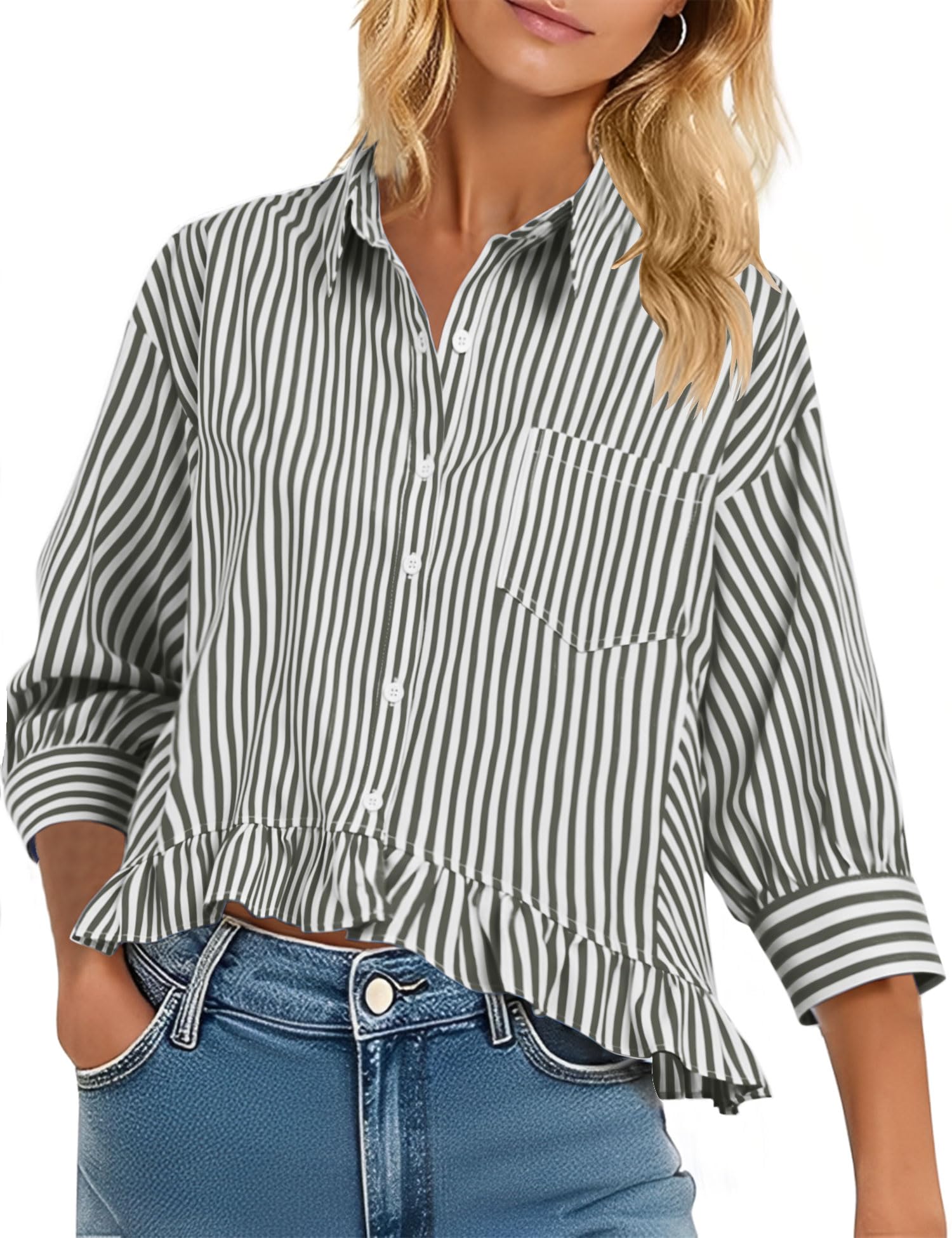 LOMON Womens 3/4 Sleeve Button Down Tops Dressy Casual Collared Shirts Blouses Ruffle Babydoll Tops Loose Fit