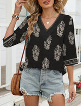 LOMON Women's 3/4 Length Sleeve Boho Tops V Neck Lace Summer Outfits Dressy Casual Flowy Shirts Vacation Clothes Blouses