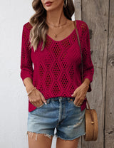 LOMON Womens 3/4 Sleeve Crochet Tops Off Shoulder Hollow Out Sweater V Neck Casual Loose Fit Beach Cover Up