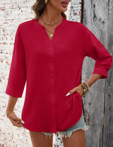 LOMON 3/4 Length Sleeve Womens Tops V Neck 3/4 Sleeve Sides Slit Button Down Shirts Cotton Linen Casual Loose Blouses