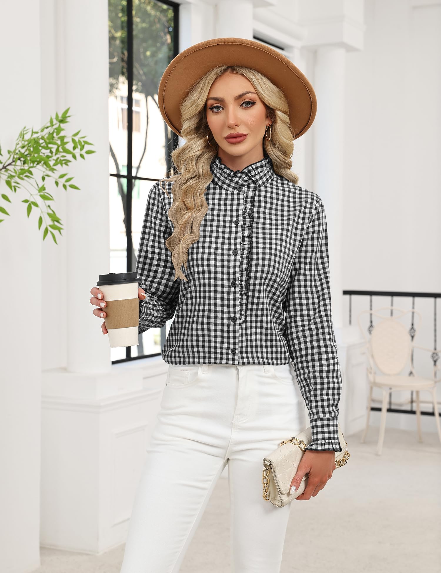 LOMON Button Down Shirts for Women Dressy Casual Long Sleeve Ruffle Blouses Office Tops Work Shirt