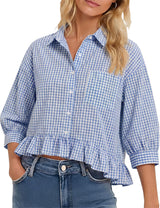 LOMON Womens 3/4 Sleeve Button Down Tops Dressy Casual Collared Shirts Blouses Ruffle Babydoll Tops Loose Fit