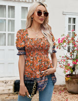 LOMON Women's Tunics Square Neck Puff Short Sleeve Smocked Top Ladies Peplum Blouse Tee Shirts 2025 Spring Summer S-XL