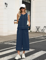 LOMON Two Piece Sets for Women Summer Outfits Sleeveless Tank Tops Wide Leg Crop Pants Matching Lounge Vacation Travel